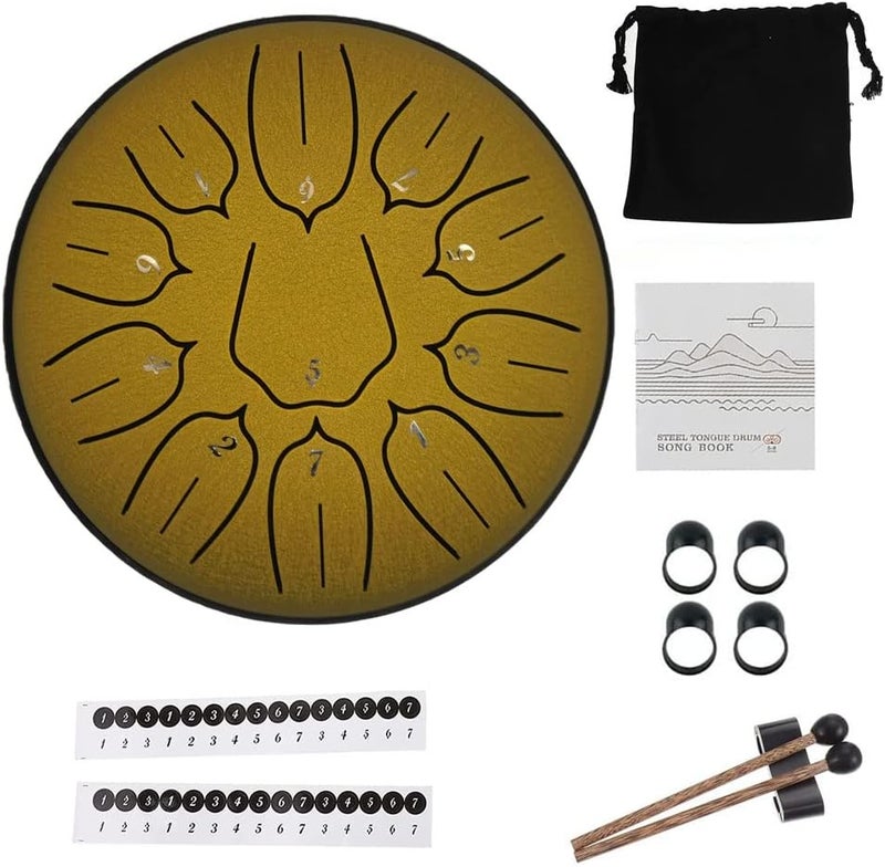 Yahpetes Steel Tongue Drum Musical Percussion Instrument Metal Rain Drum for Outside 6 Inch 11 Notes C-Key for Meditation Yoga Education Percussion with Bag, Music Book, Mallets (6"11 tone, Gold) - Image 1